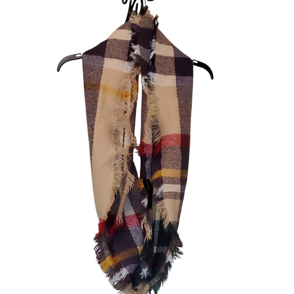 Simply Southern Plaid Infinity Scarf Multi Color Check Frayed Edge Purple Yellow